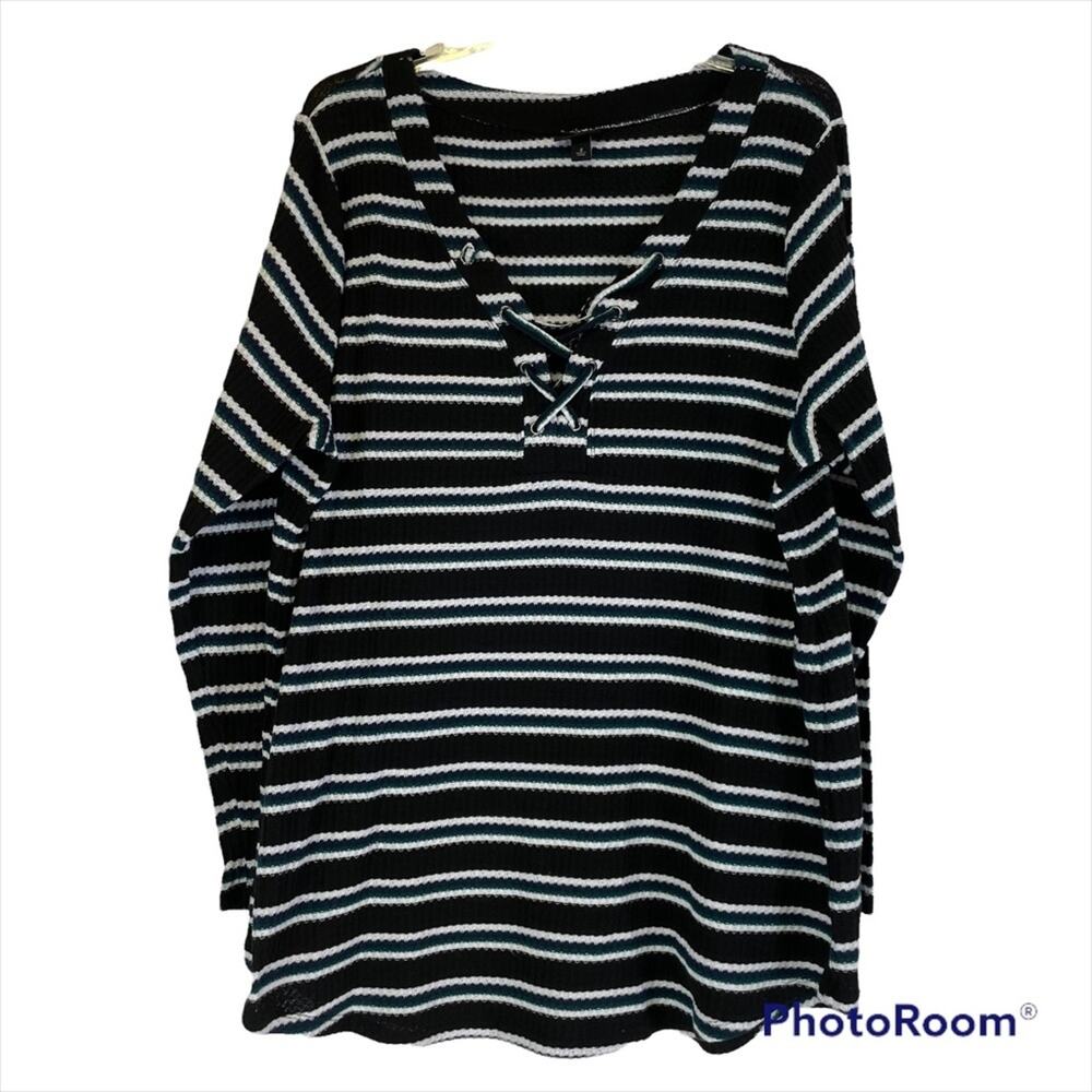 Torrid size 2 stripped black/blue/white/green long sleeve top blouse